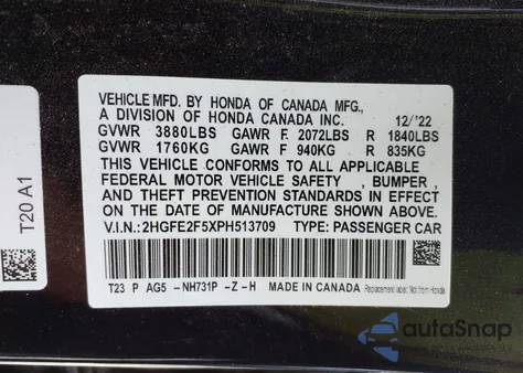 2023 Honda Civic Sport z USA, uszkodzony, nr VIN 2HGFE2F5XPH513709